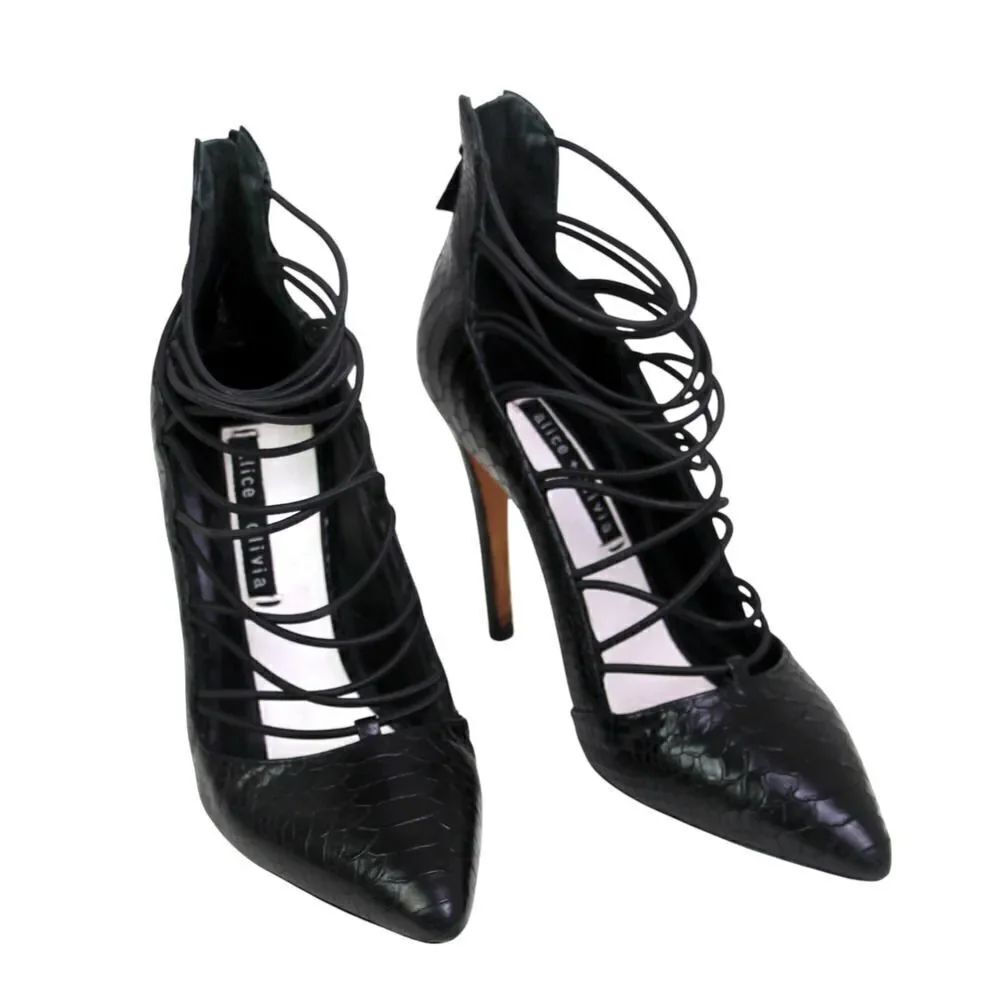 Alice + Olivia BLACK REAL LEATHER HIGH HEEL POINTED STRAPPY ZIP PUMP SHOES Sz 39